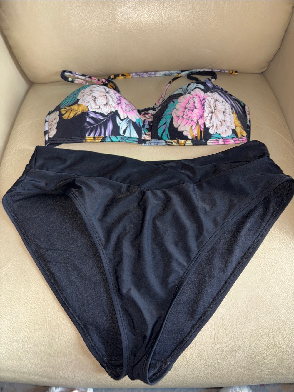 No Boundaries Floral Print Tie-Back Bikini Top with Black Bottoms Swim Set